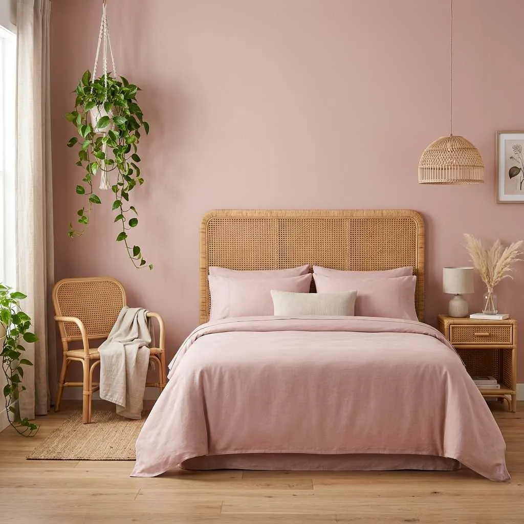 15 Earthy Pink Bedroom Design Ideas 12 Dusty Pink With Natural Rattan Furniture
