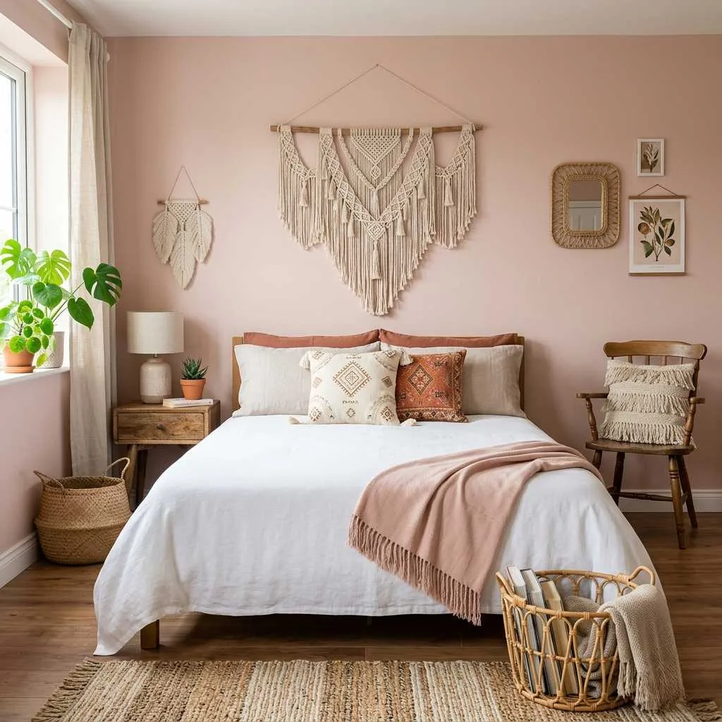 15 Earthy Pink Bedroom Design Ideas 11 Blush Pink Bohemian Bedroom With Macramé