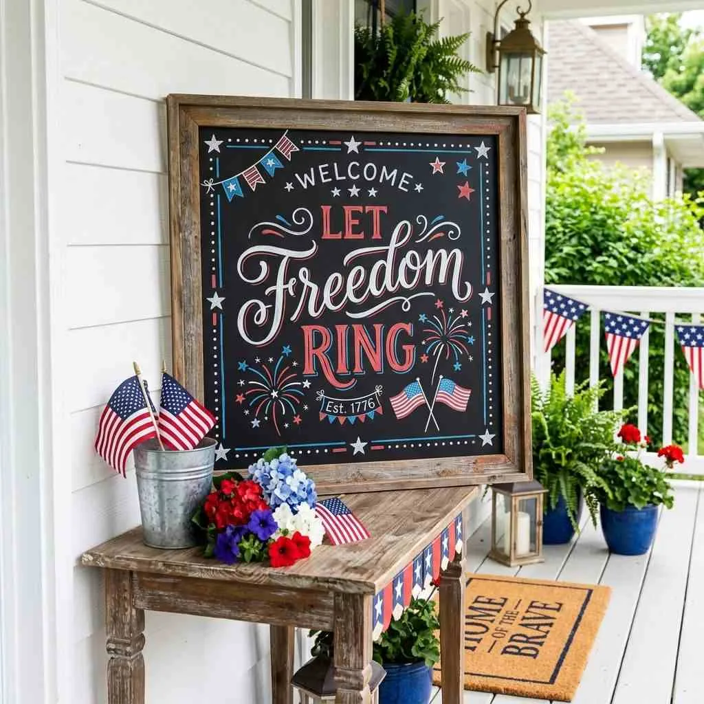 16 Easy 4th of July Porch Ideas to Celebrate in Style 8 Chalkboard Welcome Sign