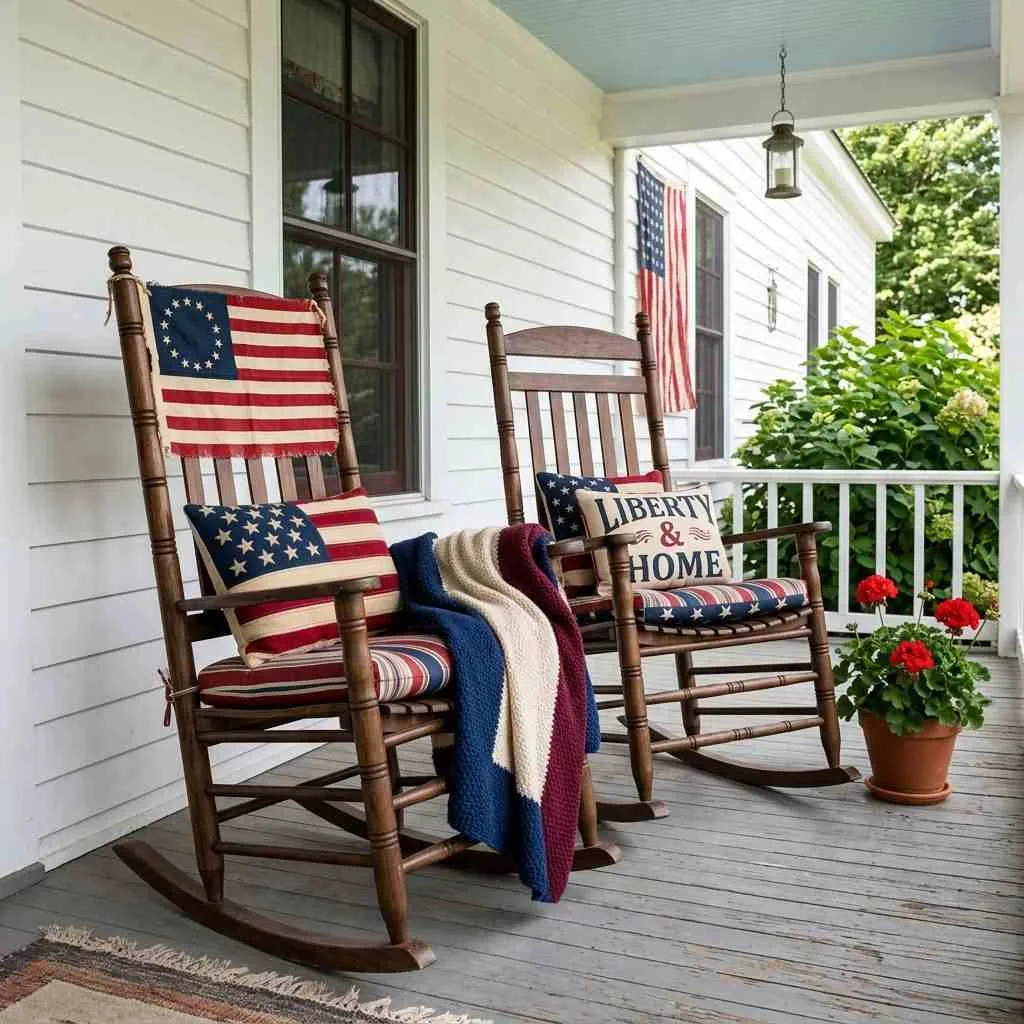 16 Easy 4th of July Porch Ideas to Celebrate in Style 5 Americana-Themed Rocking Chair Display