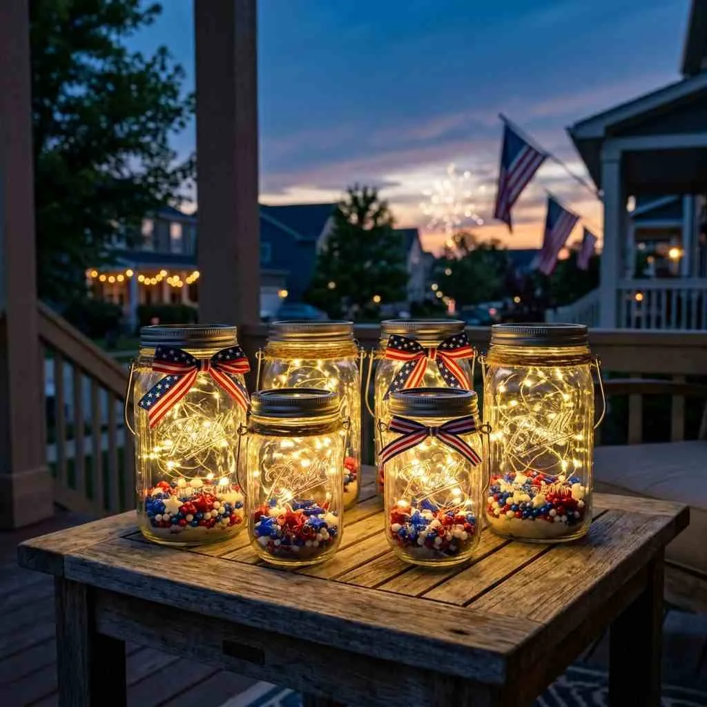 16 Easy 4th of July Porch Ideas to Celebrate in Style 3 Mason Jar Lanterns with Fairy Lights