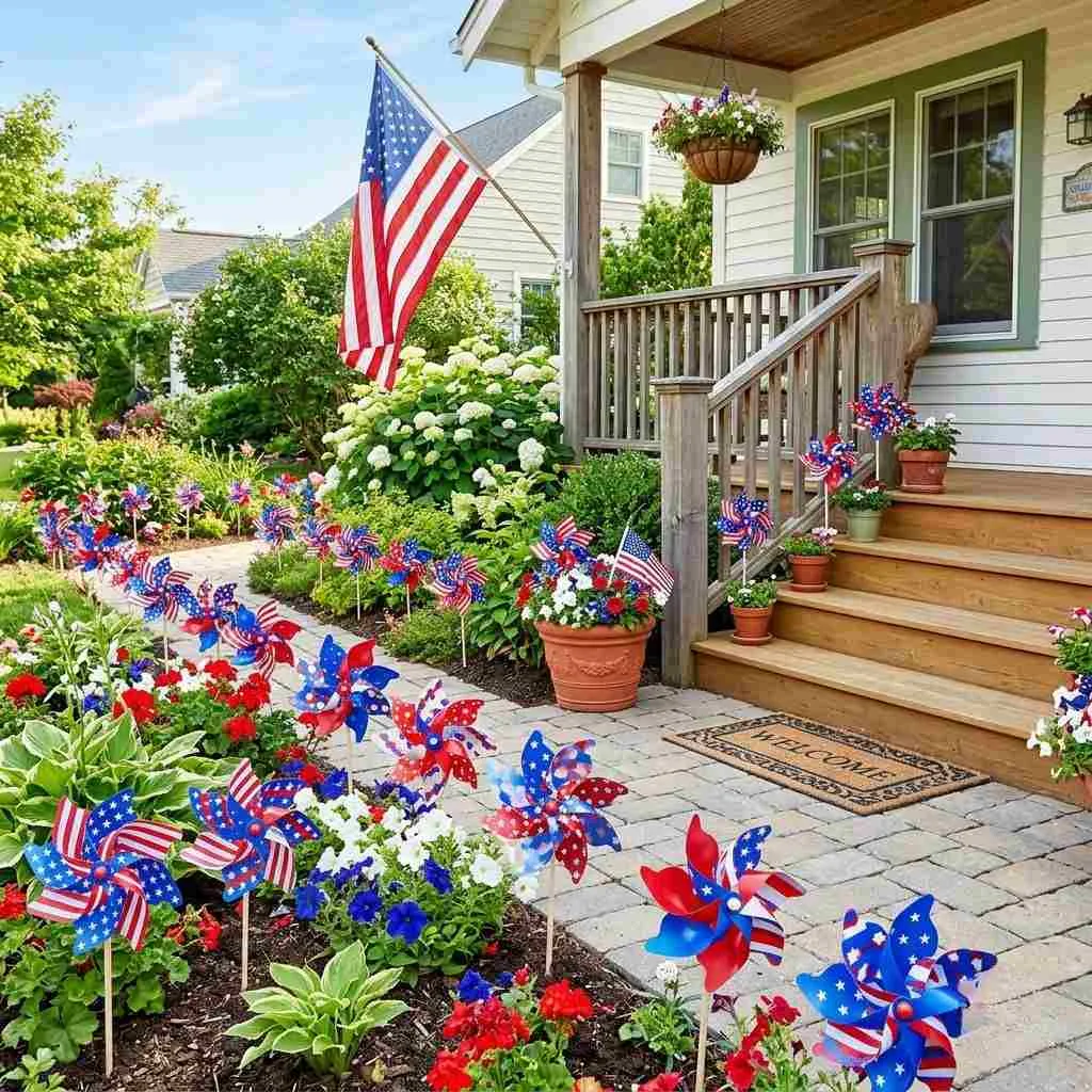 16 Easy 4th of July Porch Ideas to Celebrate in Style 16 Patriotic Pinwheel Garden Stakes