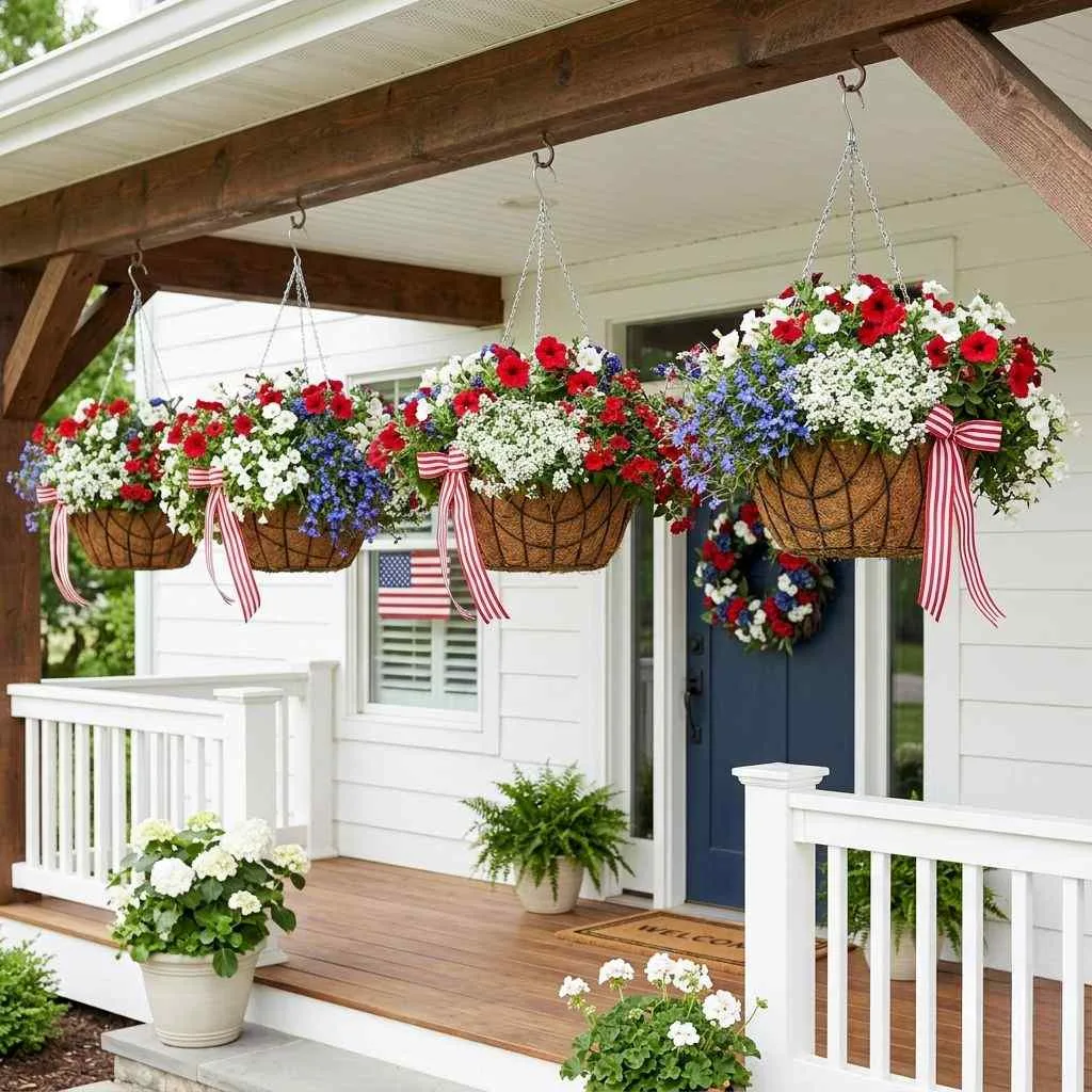 16 Easy 4th of July Porch Ideas to Celebrate in Style 15 Patriotic Hanging Baskets