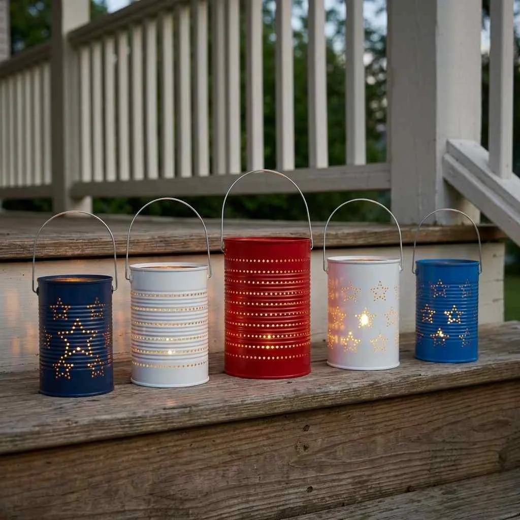 16 Easy 4th of July Porch Ideas to Celebrate in Style 14 DIY Tin Can Flag Lanterns