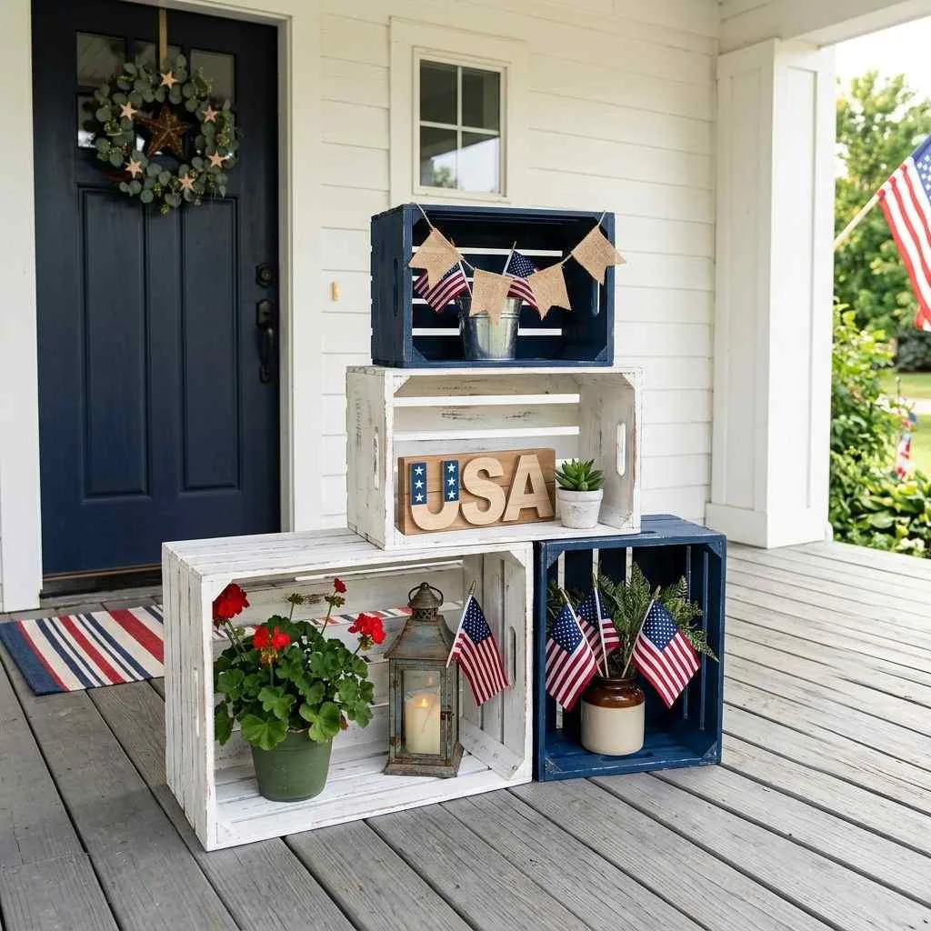 16 Easy 4th of July Porch Ideas to Celebrate in Style 12 Stacked Crate Patriotic Display