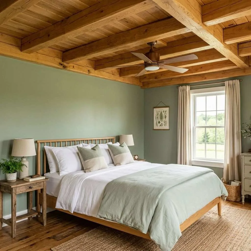 Exposed Beam Ceiling with Sage Green Walls