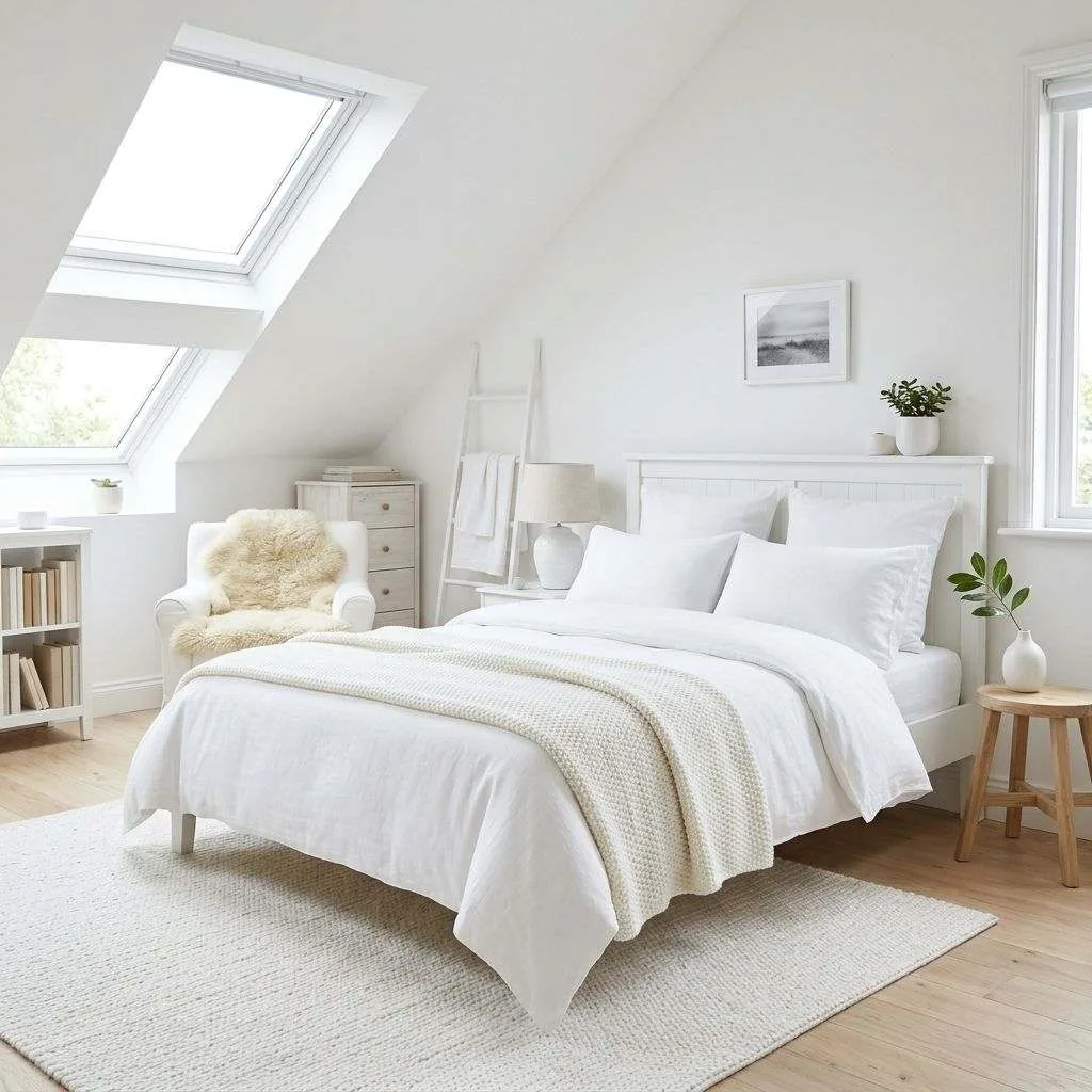 15 Loft Bedroom Ideas to Transform Your Space 11 Go All-White for an Airy Scandinavian Feel