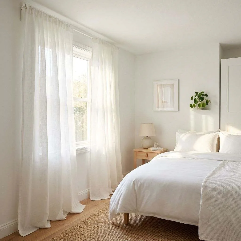 15 Minimalist Small Bedroom Ideas to Make Your Space Feel Bigger and Better 6 Let Natural Light In with Sheer Curtains
