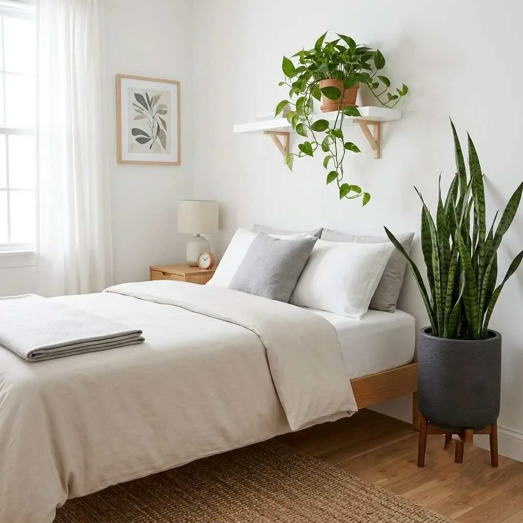 15 Minimalist Small Bedroom Ideas to Make Your Space Feel Bigger and Better 14 Add One Statement Plant for Life and Texture