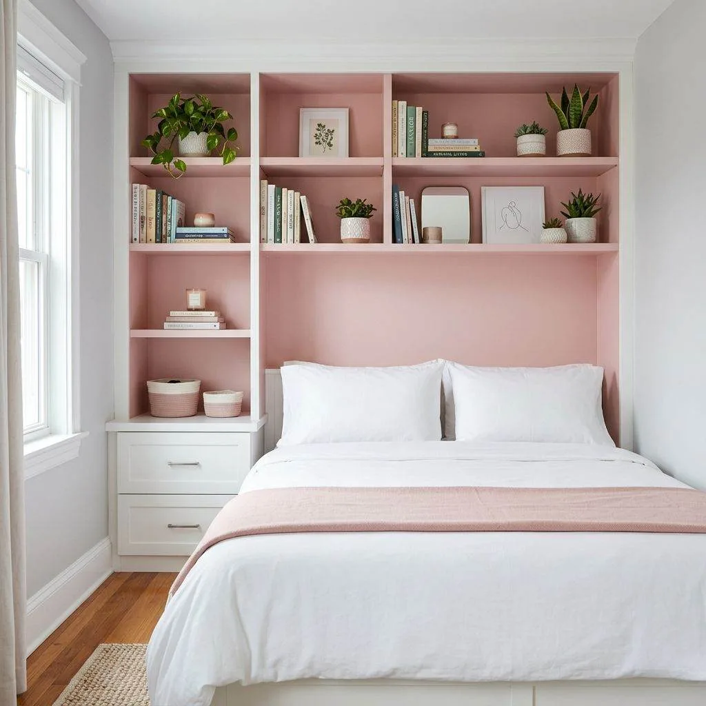 15 Pink Small Bedroom Ideas for Cozy Stylish Spaces 13 Pink Built-In Shelving Display