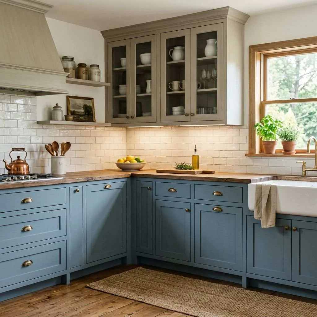 15 Two-Tone Kitchen Cabinet Ideas to Transform Your Space 6 Dusty Blue and Greige