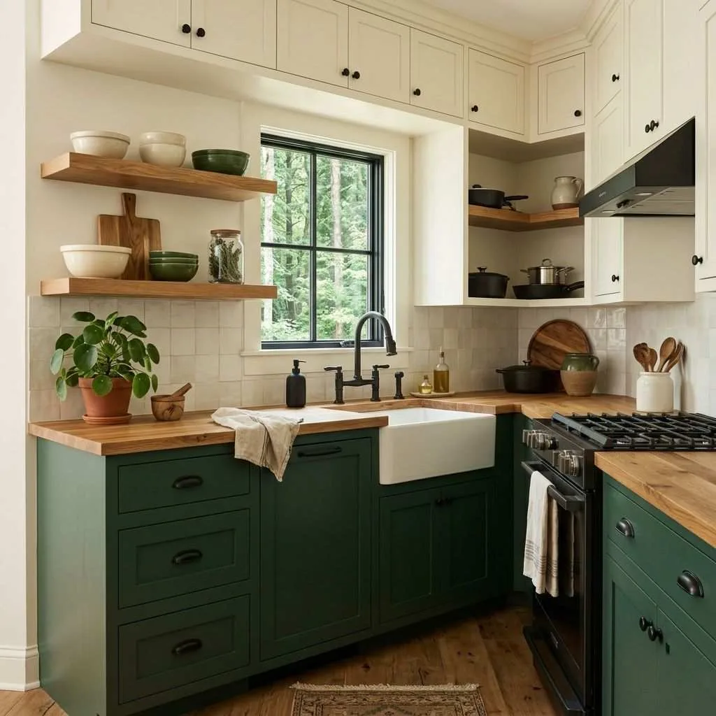 15 Two-Tone Kitchen Cabinet Ideas to Transform Your Space 4 Forest Green and Warm White