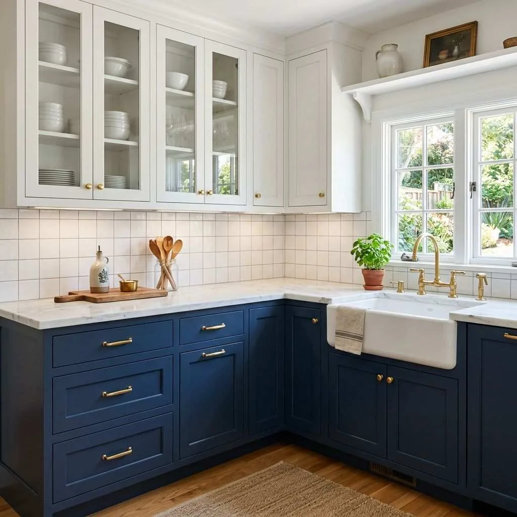 15 Two-Tone Kitchen Cabinet Ideas to Transform Your Space 2 Classic Navy Blue and Crisp White