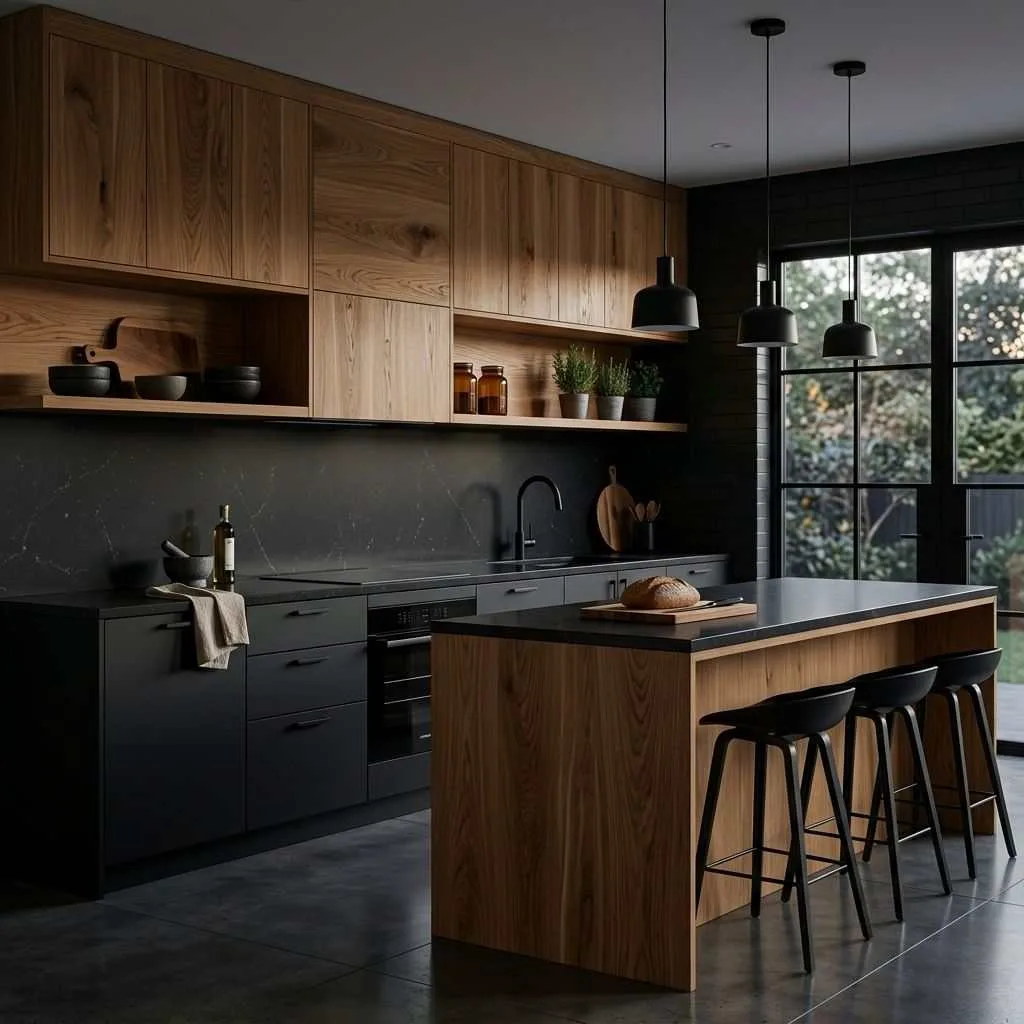 15 Two-Tone Kitchen Cabinet Ideas to Transform Your Space 14 Moody Black with Warm Oak Wood