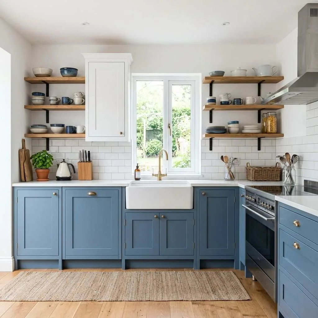 15 Two-Tone Kitchen Cabinet Ideas to Transform Your Space 13 Slate Blue and Crisp White with Open Shelving