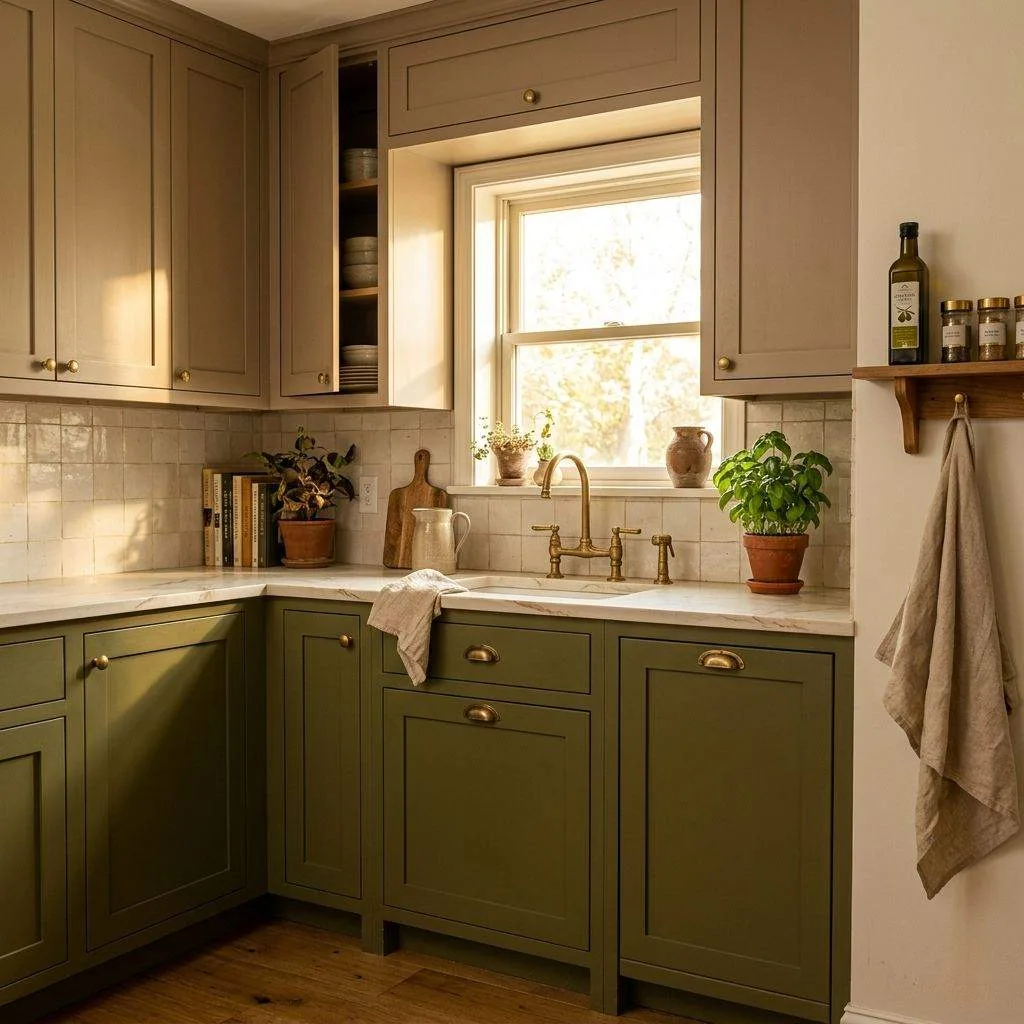 15 Two-Tone Kitchen Cabinet Ideas to Transform Your Space 12 Olive Green and Warm Taupe