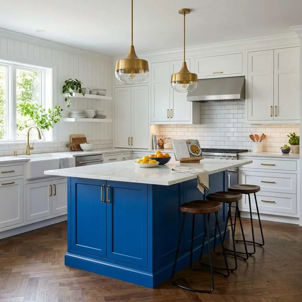 15 Two-Tone Kitchen Cabinet Ideas to Transform Your Space 11 Cobalt Blue Island and White Perimeter Cabinets