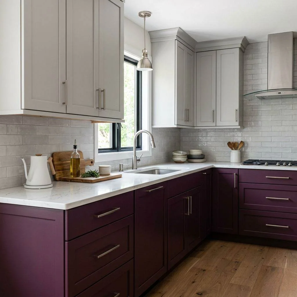 15 Two-Tone Kitchen Cabinet Ideas to Transform Your Space 9 Deep Plum and Light Gray