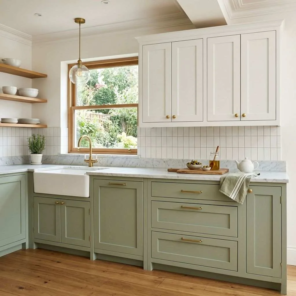 15 Two-Tone Kitchen Cabinet Ideas to Transform Your Space 8 Sage Green and White