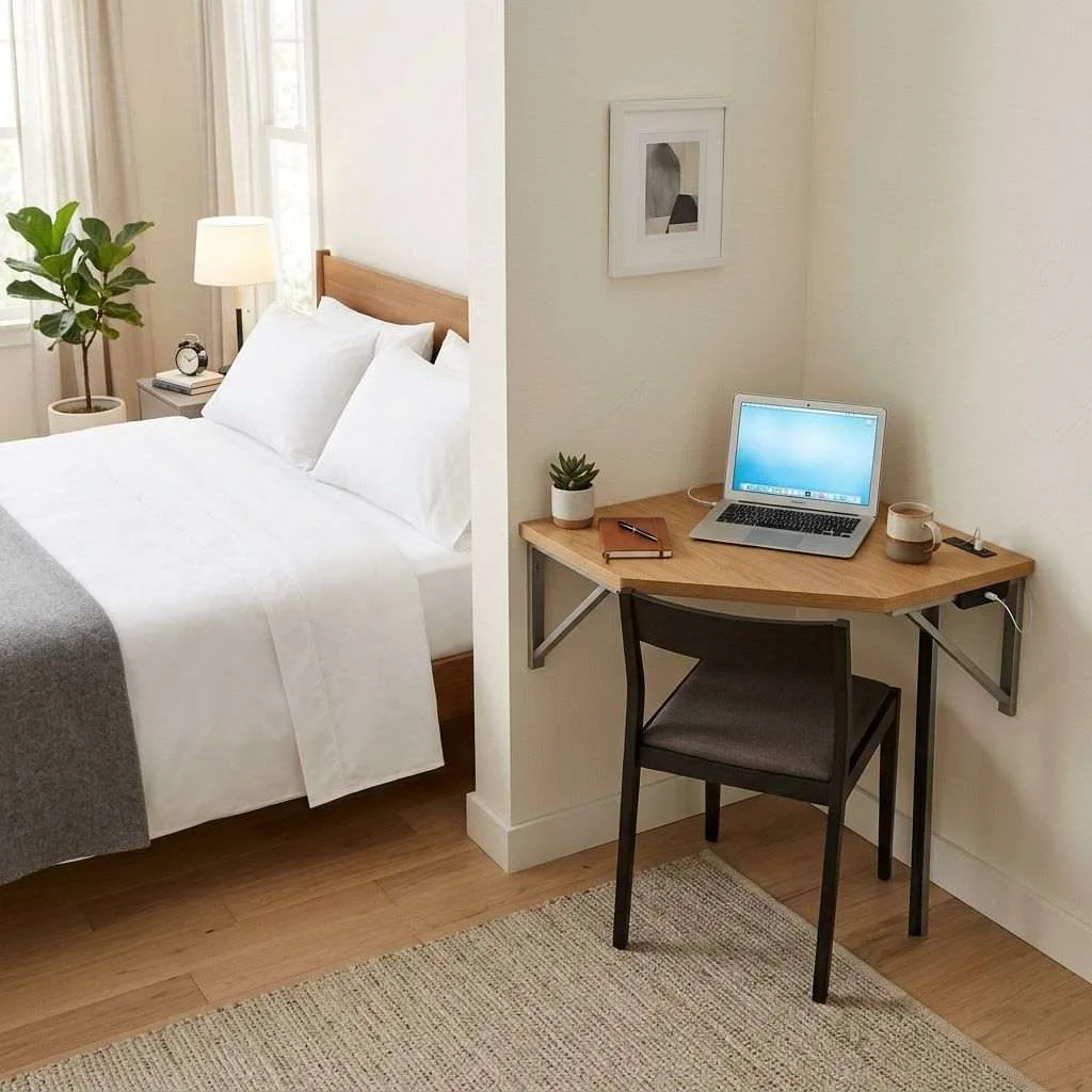 15 Very Small Guest Bedroom Ideas That Make Every Inch Count 7 Install a Corner Desk as a Workspace