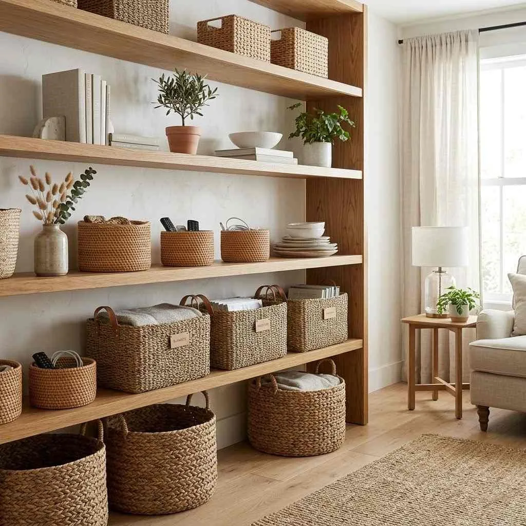 15 Warm Weather Home Decor Ideas to Brighten Up Your Space 13 Style Open Shelves with Woven Baskets