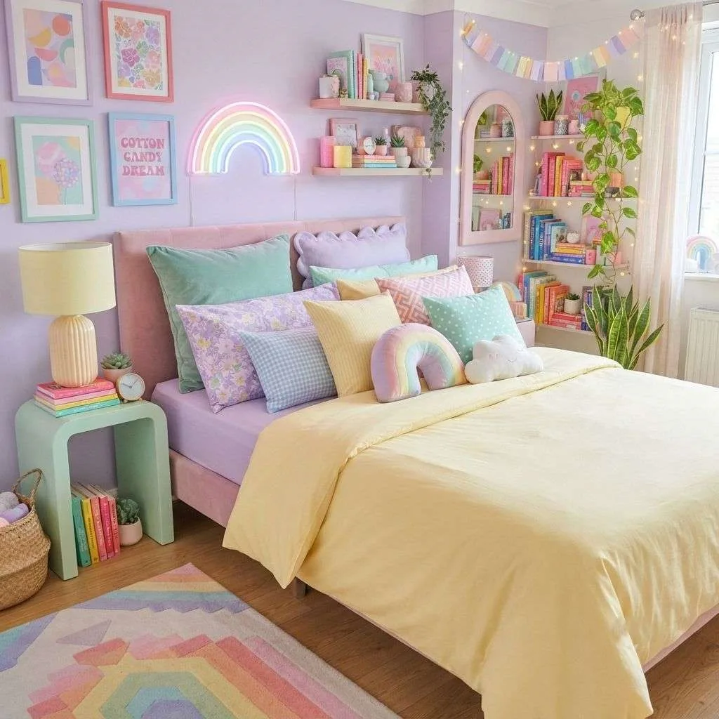 15 Aesthetic Dorm Bedding Ideas to Transform Your Small Space 6 Pastel Rainbow Maximalism