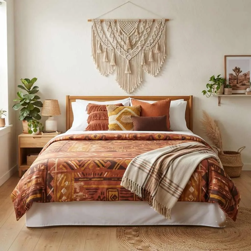 15 Aesthetic Dorm Bedding Ideas to Transform Your Small Space 4 Boho Macramé and Earth Tones