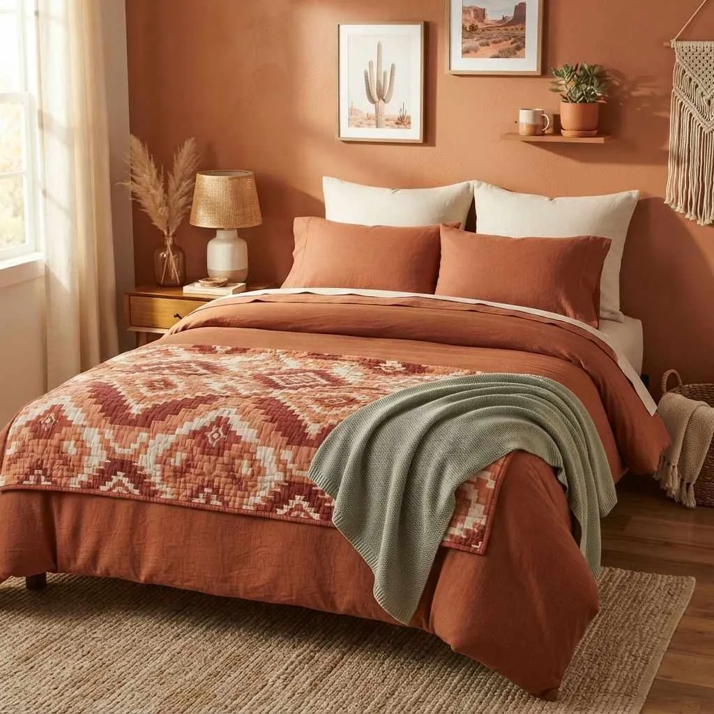 15 Aesthetic Dorm Bedding Ideas to Transform Your Small Space 15 Terracotta and Desert Sunset