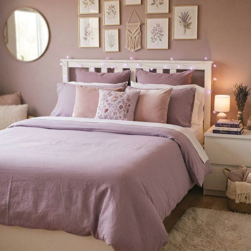 15 Aesthetic Dorm Bedding Ideas to Transform Your Small Space 12 Dusty Purple Romantic Aesthetic