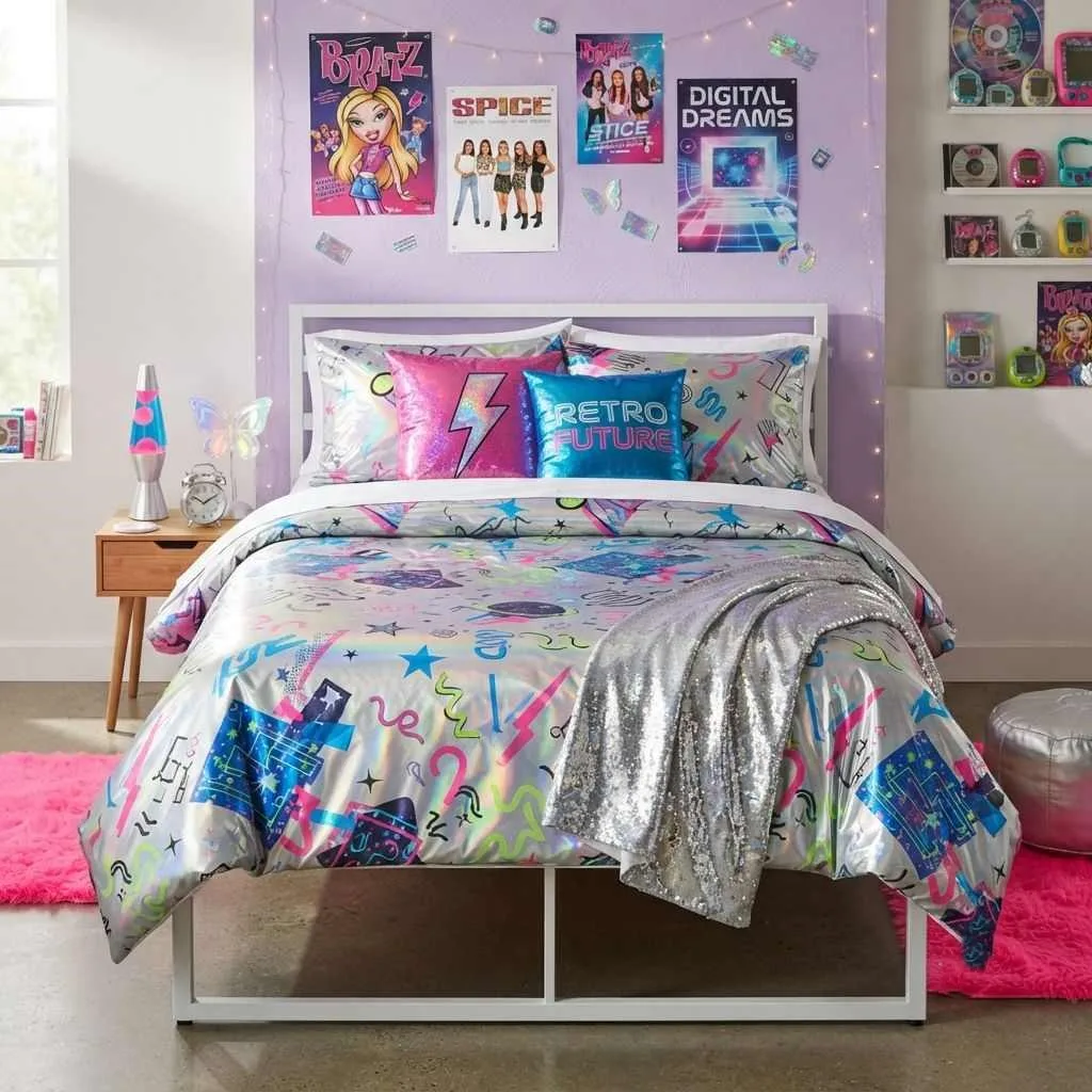15 Aesthetic Dorm Bedding Ideas to Transform Your Small Space 9 Y2K Retro Futurism