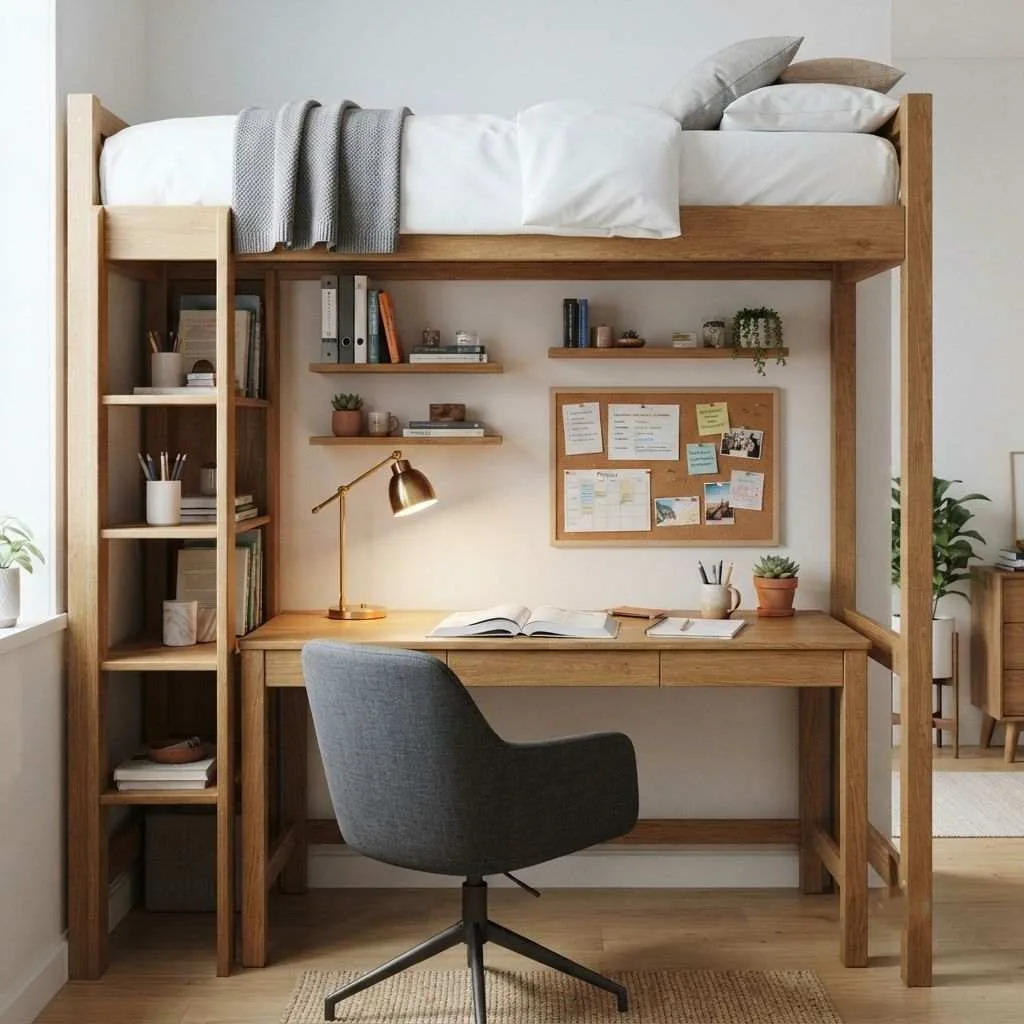 15 Lofted Dorm Bed Ideas to Maximize Your Space 2 The Classic Study Nook Setup