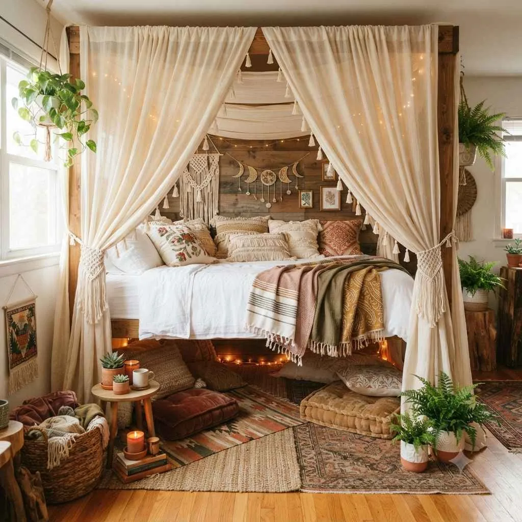 15 Lofted Dorm Bed Ideas to Maximize Your Space 13 The Bohemian Canopy Hideaway