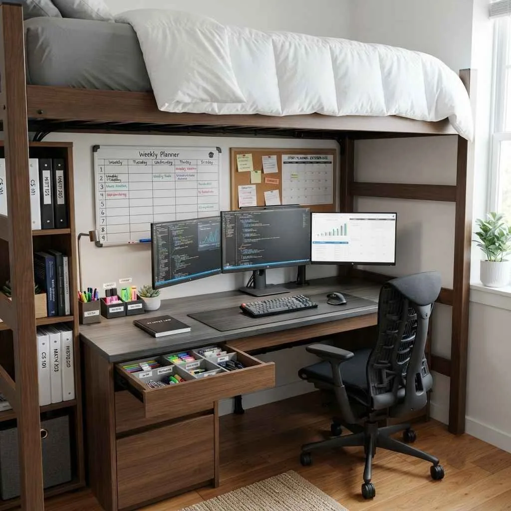 15 Lofted Dorm Bed Ideas to Maximize Your Space 12 The Productivity Command Center