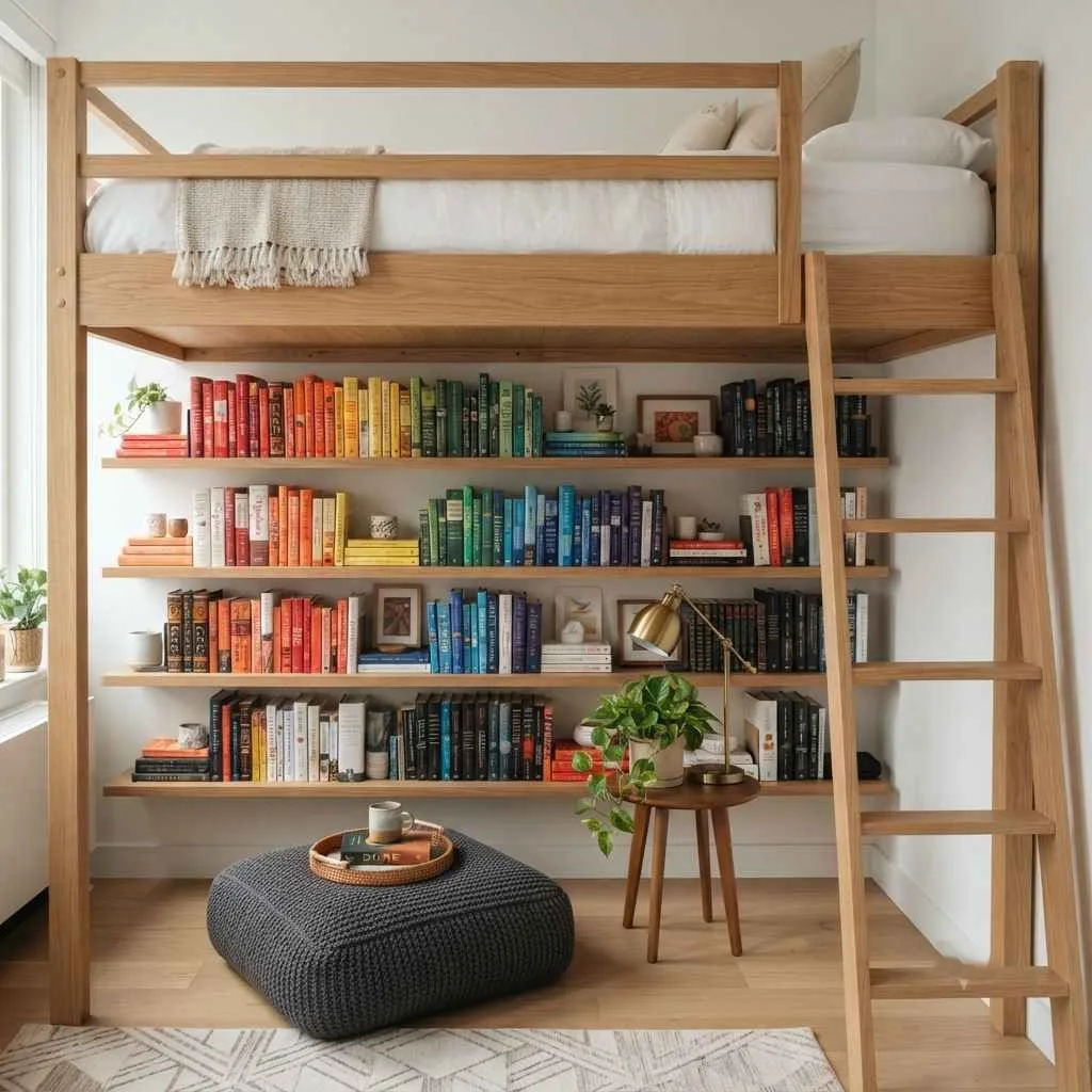 15 Lofted Dorm Bed Ideas to Maximize Your Space 10 The Bookshelf Wall Library