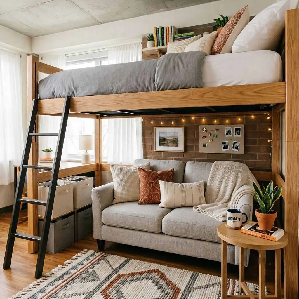 15 Lofted Dorm Bed Ideas to Maximize Your Space 8 The Multipurpose Sofa and Lounge Area