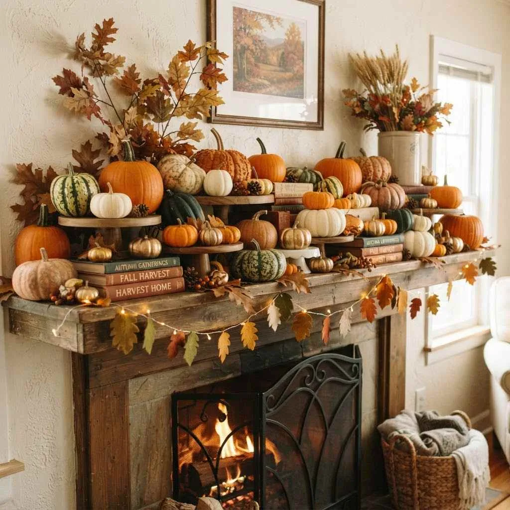 14 Fall Mantle Decor Ideas That'll Make Your Living Room Feel Like a Cozy Autumn Dream 2 1. Layered Pumpkin Parade