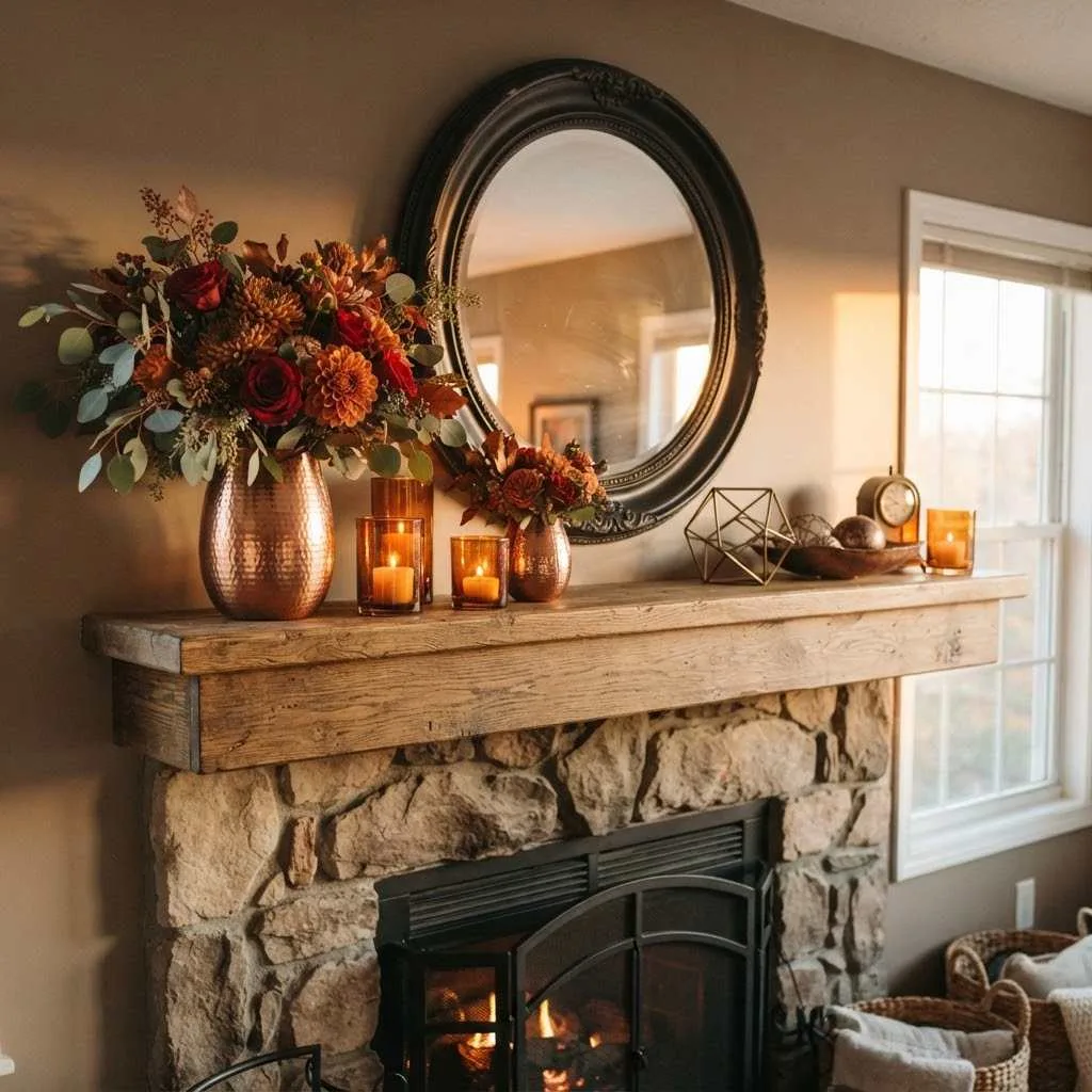 14 Fall Mantle Decor Ideas That'll Make Your Living Room Feel Like a Cozy Autumn Dream 11 10. Copper and Amber Accents