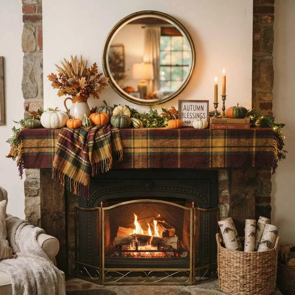 14 Fall Mantle Decor Ideas That'll Make Your Living Room Feel Like a Cozy Autumn Dream 14 13. Plaid and Textile Layers