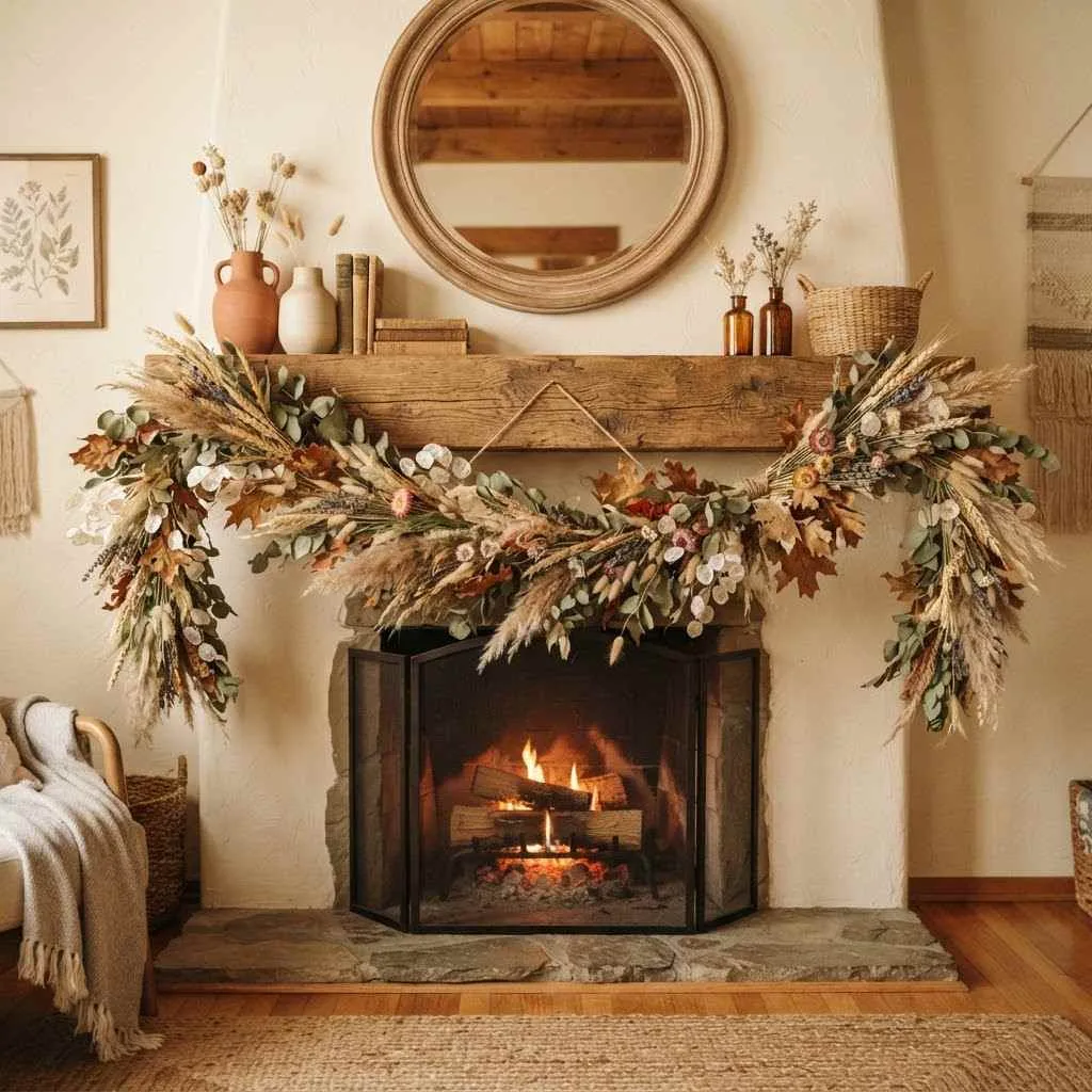 14 Fall Mantle Decor Ideas That'll Make Your Living Room Feel Like a Cozy Autumn Dream 3 2. Dried Botanical Garland