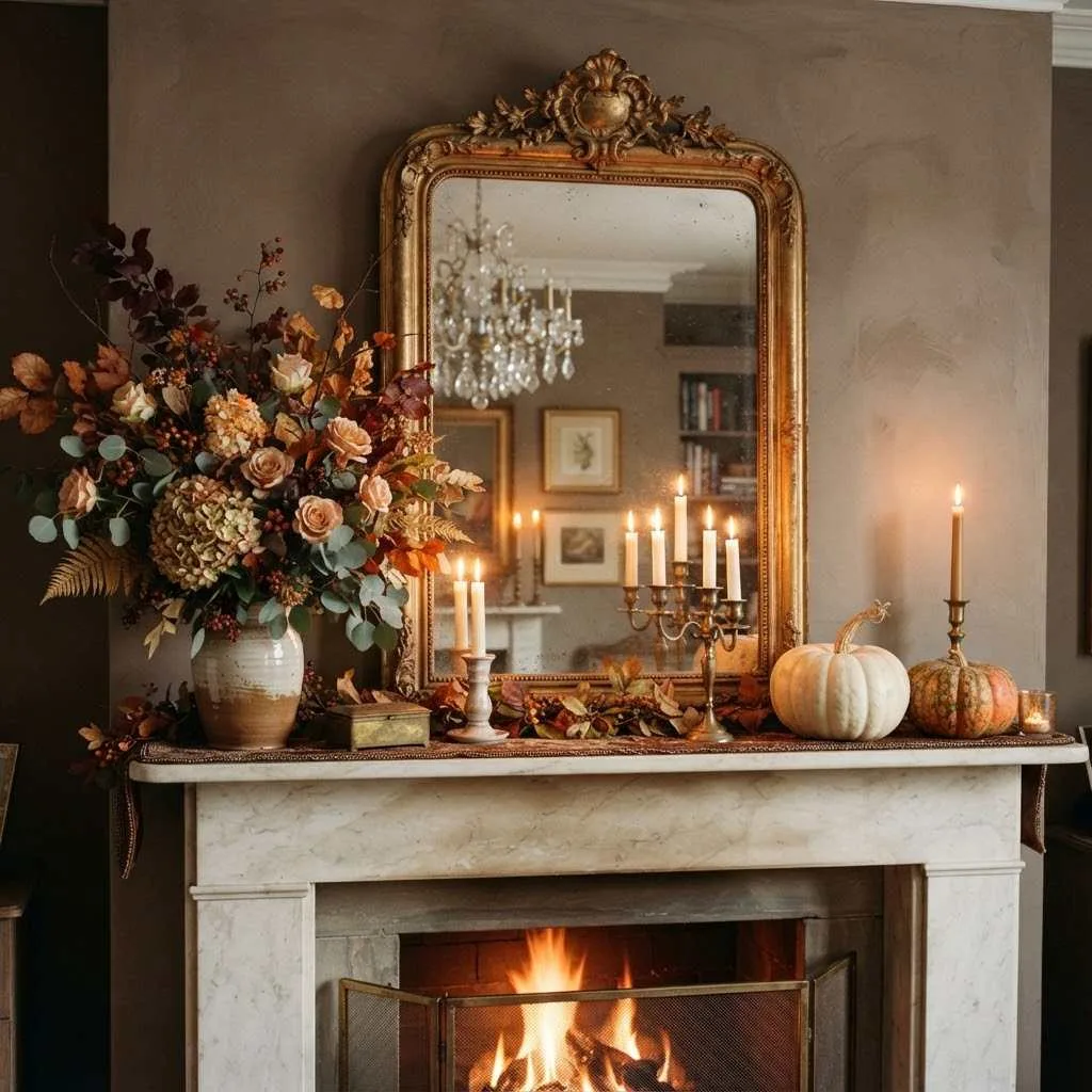14 Fall Mantle Decor Ideas That'll Make Your Living Room Feel Like a Cozy Autumn Dream 8 7. Antique Mirror Backdrop