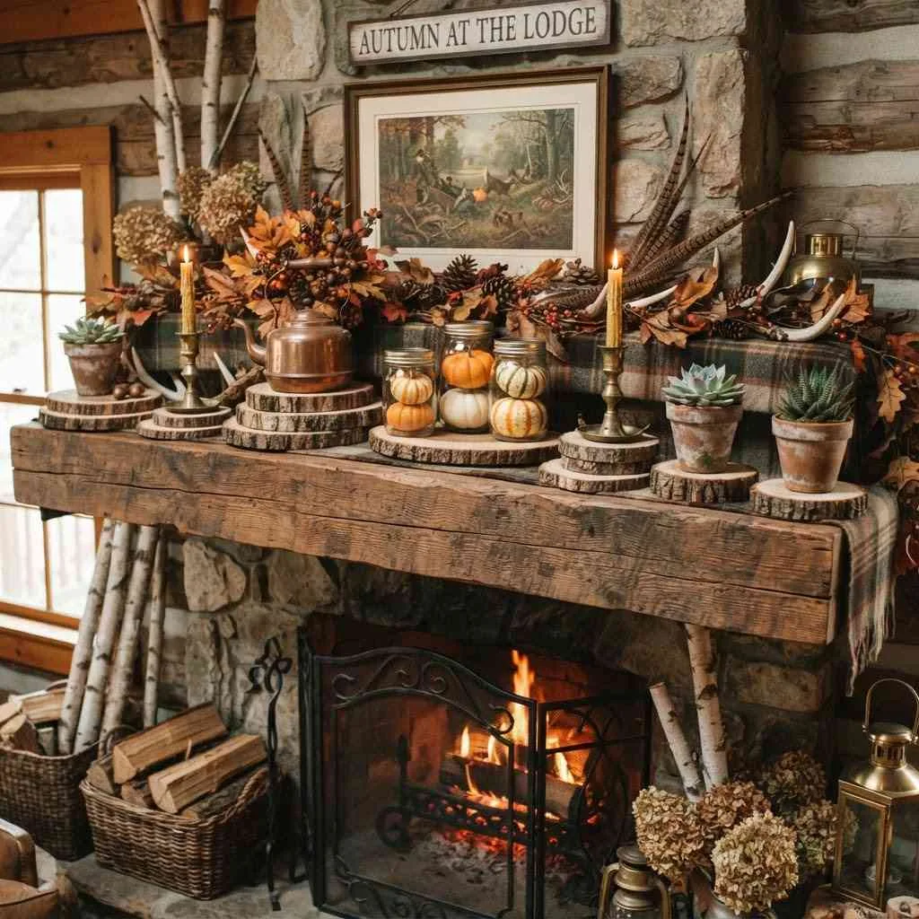 14 Fall Mantle Decor Ideas That'll Make Your Living Room Feel Like a Cozy Autumn Dream 9 8. Rustic Wood Slice Accents