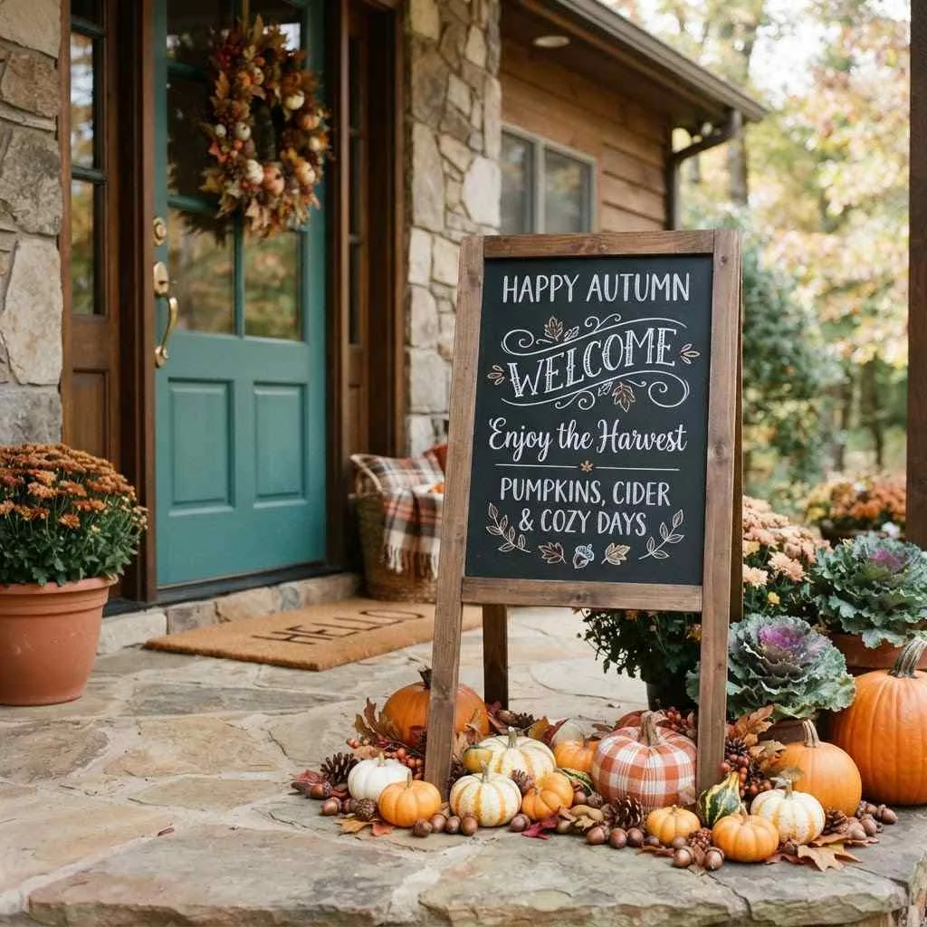 15 Autumn Entryway Decor Ideas to Make Your Front Door Everyone's Favorite Spot This Fall 5 A Chalkboard Sign with a Seasonal Greeting