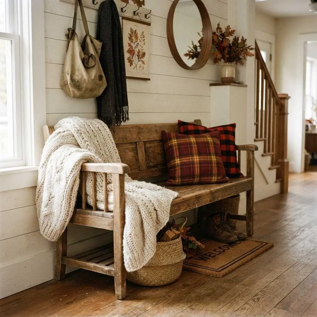 15 Autumn Entryway Decor Ideas to Make Your Front Door Everyone's Favorite Spot This Fall 10 A Cozy Bench with Plaid Throw Pillows