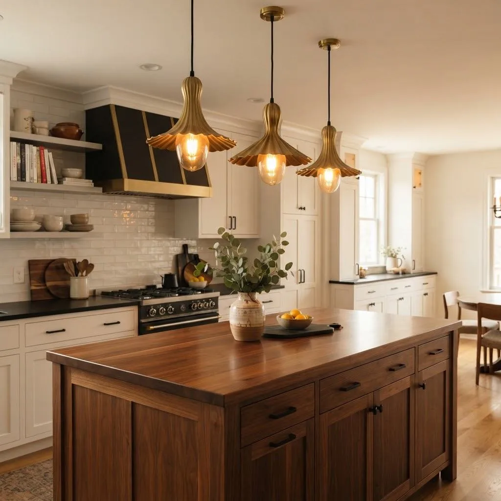 Brass Pendant Lights Over the Kitchen Island