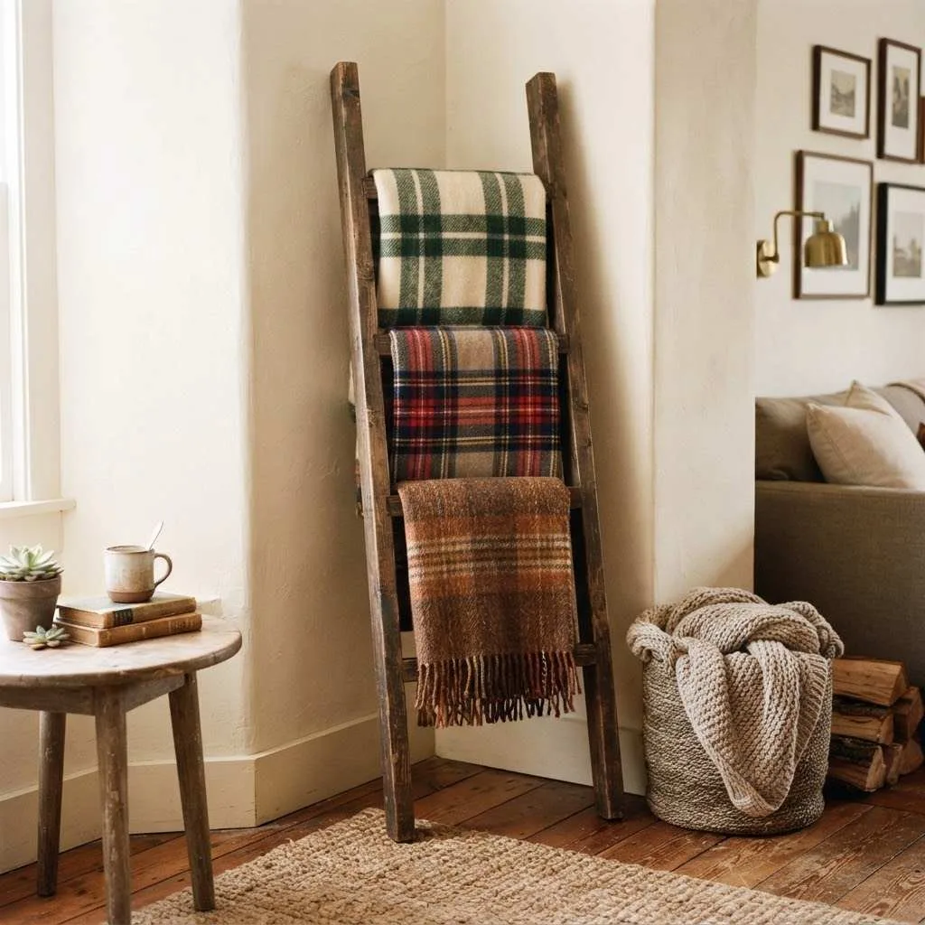 15. Bring in a Plaid Blanket Ladder