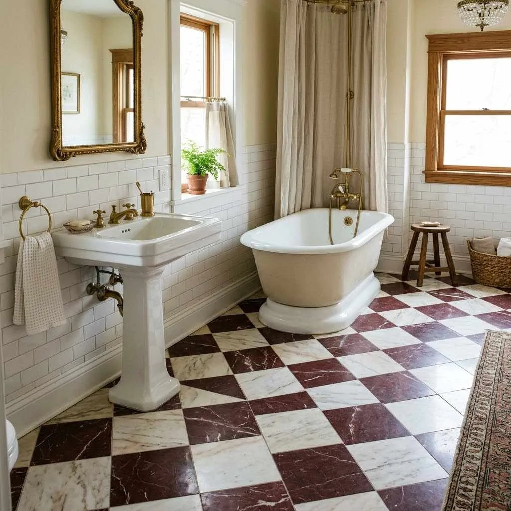 7. Checkerboard Red and White Marble Floor