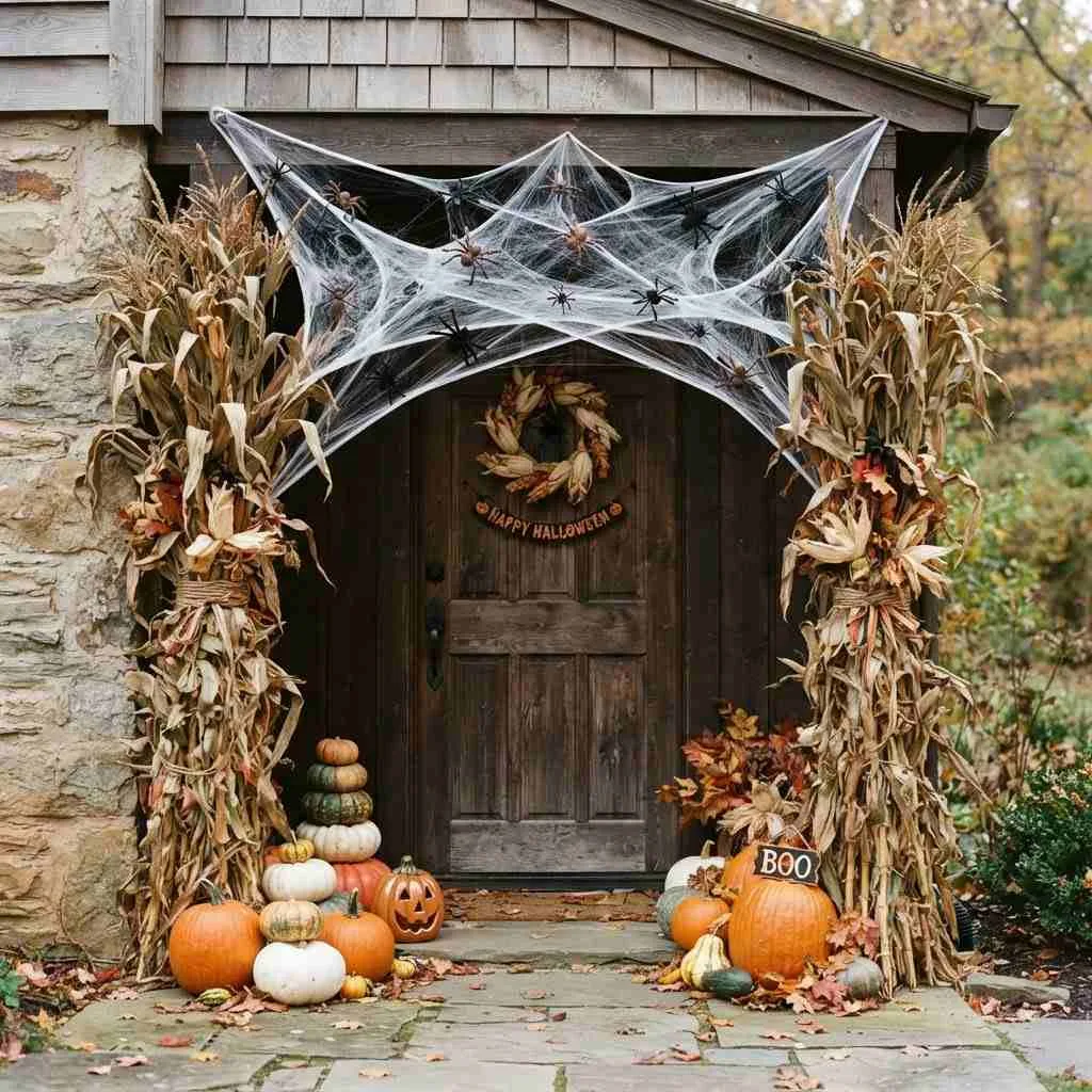 15 Halloween Decor Ideas for 2026 5 Corn Stalk and Cobweb Doorway Frame