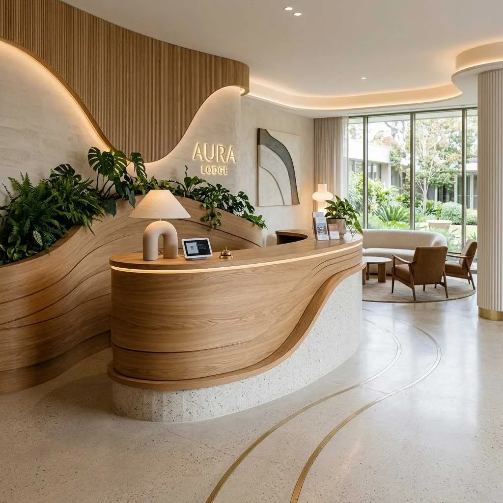 14 Reception Desk Design Ideas That'll Make a Killer First Impression 3 2. Curved Organic Shapes