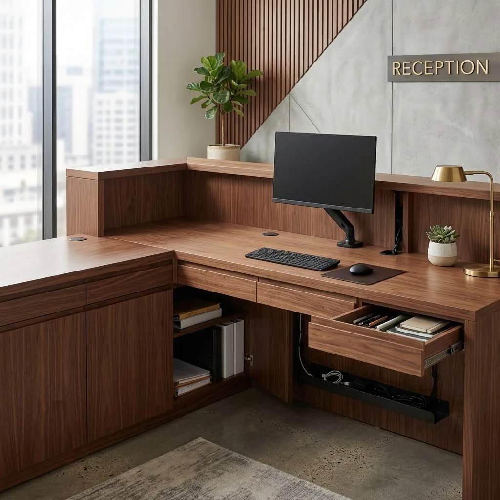 14 Reception Desk Design Ideas That'll Make a Killer First Impression 15 14. Custom Millwork with Hidden Storage