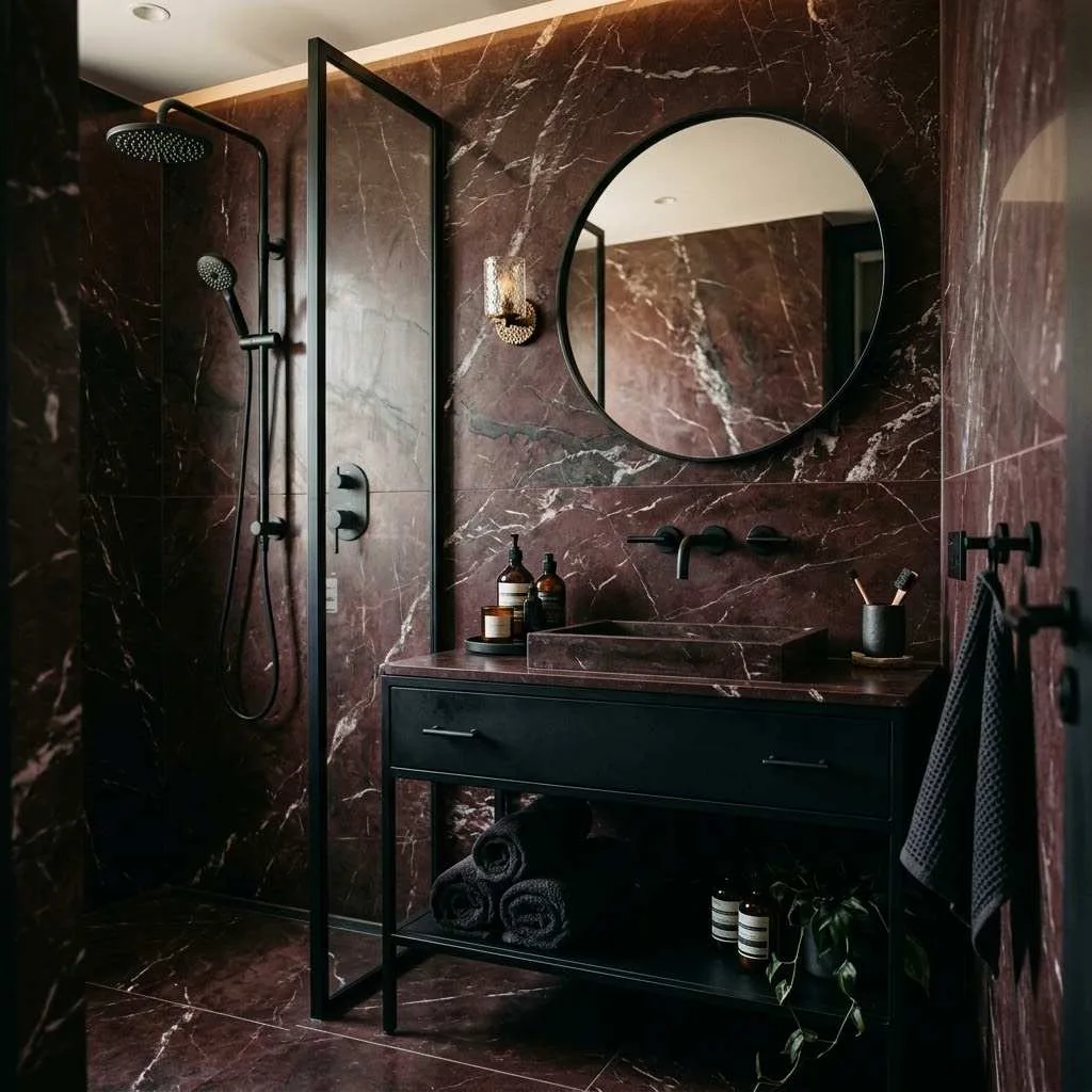 12. Dark Red Marble with Matte Black Fixtures